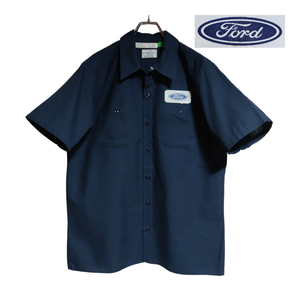 USA製 worklassics 半袖ワークシャツ size L ネイビー ゆうパケットポスト可 胸 ワッペン Ford 古着 洗濯 プレス済 ｄ87
