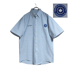 USA製 CiNTAS 半袖ワークシャツ size16 ライトブルー ストライプ ゆうパケットポスト可 胸 ロゴ 刺繍 MAPLE 古着 洗濯 プレス済 e02