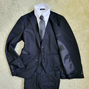 モダクラシック【3ピース】SUIT COMPANY スーツ セットアップ テーラードジャケット ウール ストレッチ ストライプ 本切羽 ブラック S位