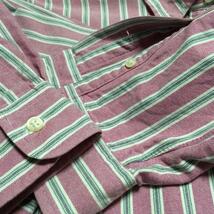 美品 Ralph Lauren ラルフローレン 大きめ 長袖ボタンダウンシャツ サイズＬL 赤茶色ベースに白＋緑＋灰色のストライプ 裾はラウンドカット_画像8