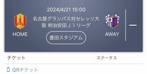 2024/4/21 15:00 名古屋グランパス対セレッソ大阪 明治安田Ｊ１リーグ 豊田スタジアム　ペアチケット　ゴール裏指定席２階北側　連番