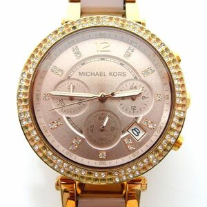 ■tyot1206-2 107 稼働品 MICHAEL KORS マイケルコース QZ MK-5896 石付 クロノグラフ ピンクゴールド文字盤 デイト ラウンド 電池交換済み