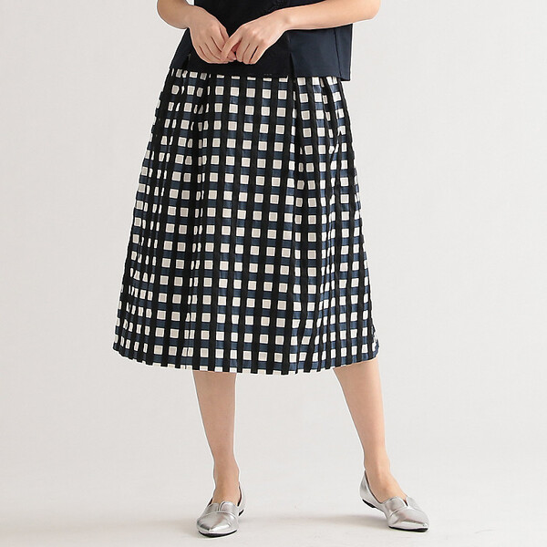 新品 トランスワーク 【ITALY FABRIC】【ウォッシャブル】LIMONTAチェックスカート 38 濃紺 27500円