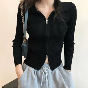 ファスナーデザイン リブニットトップス ジップアップ ニットセーター 前開き きれいめ フロントZIP ショート丈