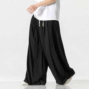 サルエルパンツ 夏新品 メンズ リネンパンツ ワイドパンツ 綿麻 無地 ゆったり ストレート ロングパンツ 薄手 大きいサイズM~5XL ブラック