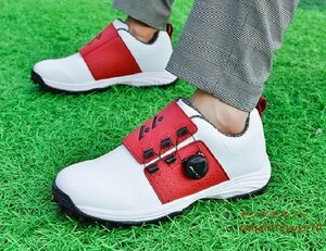 ゴルフシューズ 正規新品 メンズ ウォーキングシューズ 運動靴 履きやすい ダイヤル式 幅広い 超軽量スポーツ 防水 防滑 耐磨 白/赤 27.0cm