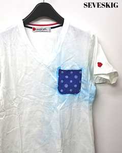 S【SEVESKIG LEATHER POCKET V-Tee CS-SV-YS-1002 White Dots セヴシグ レザー Vネック Tシャツ ポケット部分 牛革 ドット ホワイト】