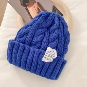 ニット帽シンプル くさり編み おしゃれ ソフトウール 厚め ブルー 青 リブ 防寒