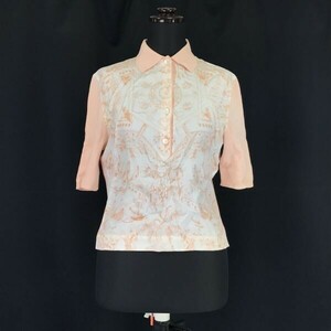 正規代理店タグ★HERMES/エルメス★シルク/SILK100％/半袖ハーフボタンシャツ【Womens size -S/ピンク/Pink/総柄】Tops/Shirts◆BH258