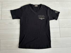 ★AVIREX アヴィレックス リブ素材 Vネック 半袖Tシャツ メンズXL カットソー ストレッチ 上野商会★