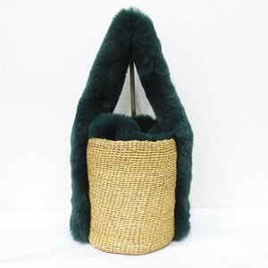 美品 CLOUDY クラウディ Eco Fur Handle Basket エコファー かごバッグハンドバッグ ベージュ×グリーン