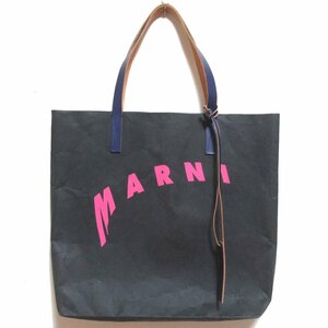 美品 MARNI マルニ ロゴプリント ペーパー×レザー トートバッグ ショッピングバッグ ブラック×ピンク×ネイビーブルー