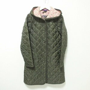 美品 LAVENHAM×LIBERTY ラベンハム×リバティ 裏地花柄 ロング丈 キルティング フーデッドコート 38 カーキ 032 ◆