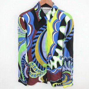 美品 EMILIO PUCCI エミリオプッチ プッチ柄 シルクブレンド ストレッチ 比翼仕立て 長袖 シャツ ブラウス サイズI38 マルチカラー