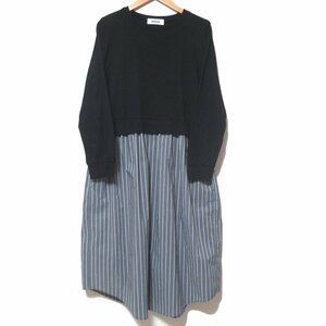 美品 21SS zucca ズッカ ロング丈 ミモレ丈 バックボタン ドッキング ストライプ柄 シャツ ワンピース ZU11JH176 Mサイズ ブラック×グレー