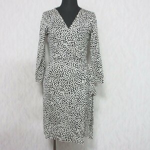 良品 DIANE von FURSTENBERG ダイアンフォンファステンバーグ 総柄 シルク100％ ラップ ワンピース 404-240811 0 ホワイト ブラック ◆