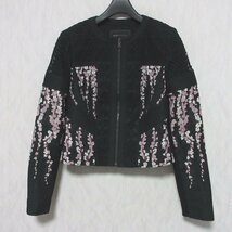 美品 BCBG MAXAZRIA ビーシービージーマックスアズリア 花柄 レース ノーカラー ジャケット XS ブラック ◆_画像1