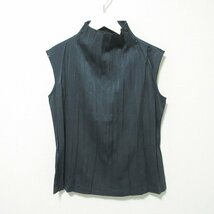 美品 ISSEY MIYAKE イッセイミヤケ ハイネック ノースリーブ プリーツカットソー ブラウス 2 チャコールグレー 033 ◆_画像1