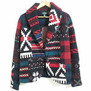 美品 LRL LAUREN RALPH LAUREN ローレンラルフローレン ネイティブ柄 ショールカラー パッチワーク ニット ジャケット S マルチカラー