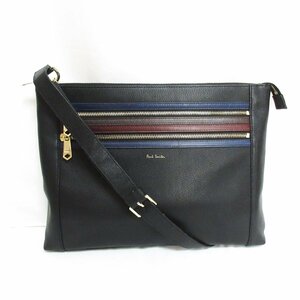 美品 Paul Smith ポールスミス レザー シグネチャーストライプ ジップ 2way ショルダーバッグ クラッチバッグ ブラック ◆