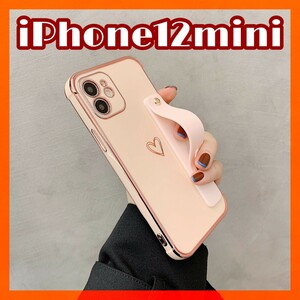 【iPhone12mini】iPhoneケース スマホカバー ハート ピンク 固定バンド付き かわいい おしゃれ 韓国風 #0106C #0081