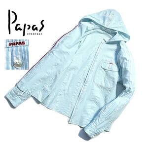 極美品【定価4万】Papas パパス ストライプ ジップパーカー 48(M) メンズ シアサッカー ジャケット リネン混【高清涼感】送料520円 日本製