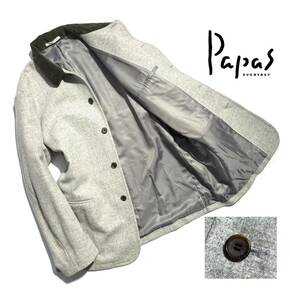 美品【最高級】Papas パパス ウール ジャケット 50(L相当) メンズ 襟コーデュロイ ハーフコート イタリア製【雰囲気抜群の一着】グレー