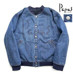 定価10万【LL(52)】Papas パパス デニム ボンバージャケット LL(52) メンズ 裏ボア MA-1 インディゴ【ロゴペイント】刺繍 日本製 加工