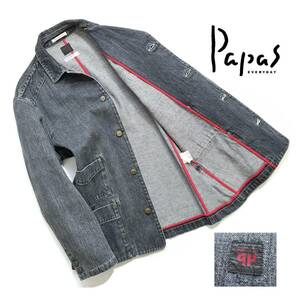 最高級【定価7万超】Papas パパス デニムカバーオール L(50) ジャケット メンズ【ロゴワッペン】ユーズド加工 刻印ボタン 日本製