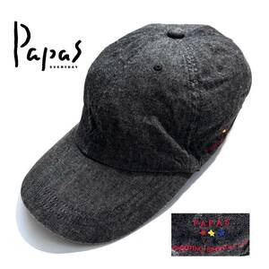 名作【定価2万超】Papas パパス デニム キャップ L リネン混 ロゴ刺繍 ブラックデニム 日本製 メンズ 送料520円 麻 黒 ワッペン 帽子