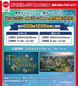 対象品30本購入 コカ・コーラ ディズニーシー「ファンタジースプリングス・パスポート」が当たる　Bコースレシート 懸賞・応募4月7日