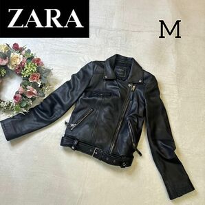 【匿名配送】ZARA 本革 羊革 ダブル ライダース M ジャケット 黒 レザー レザージャケット ブラック ラムレザー