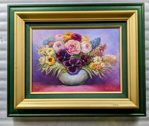 Art hand Auction Pintor haru☆Pintura al óleo tamaño F4☆Viola y rosas en concurso★Auténtico☆Pintura original★Único en su tipo★Naturaleza muerta★, Cuadro, Pintura al óleo, Naturaleza muerta