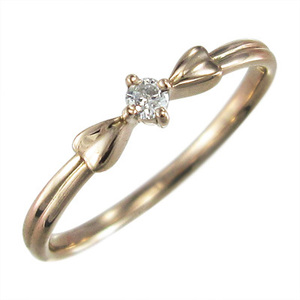 指輪 k18ピンクゴールド リボン デザイン 一粒 ダイヤモンド 4月誕生石