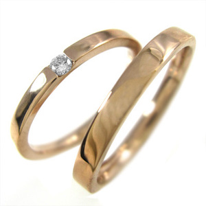 ペア 指輪 平たい リング 1粒 石 天然ダイヤモンド 4月誕生石 k10ピンクゴールド