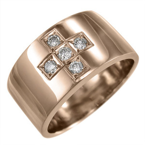 平たい リング 婚約 ブライダル にも 5石 デザイン クロス ダイヤモンド 4月誕生石 k18ピンクゴールド