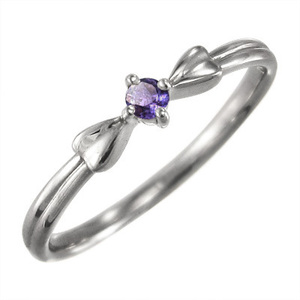 指輪 アメジスト(紫水晶) リボン ジュエリー 1粒 石 18金ホワイトゴールド 2月誕生石