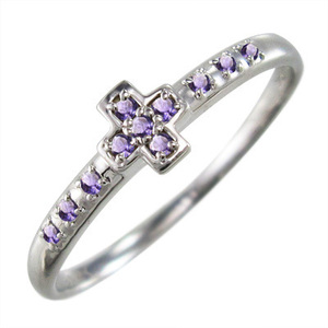 アメシスト(紫水晶) 指輪 クロス デザイン 10kホワイトゴールド 2月誕生石