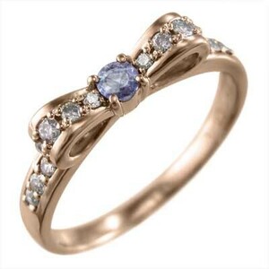 指輪 リボン デザイン タンザナイト ダイヤモンド 12月の誕生石 k18ピンクゴールド