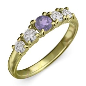 5石 指輪 アメシスト(紫水晶) 天然ダイヤモンド 18金イエローゴールド