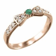指輪 ピンクゴールドk18 リボン デザイン 一粒 エメラルド 天然ダイヤモンド 5月の誕生石_画像4