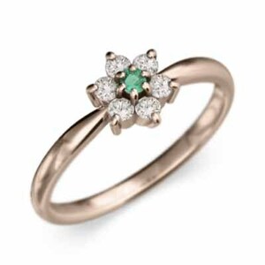 指輪 k18ピンクゴールド デザイン フラワー エメラルド 天然ダイヤモンド 5月の誕生石