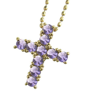 18金イエローゴールド ペンダント ネックレス クロス デザイン 2月誕生石 アメシスト(紫水晶)
