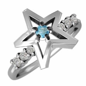 Pt900 指輪 星の形 11月誕生石 ブルートパーズ(青) 天然ダイヤモンド