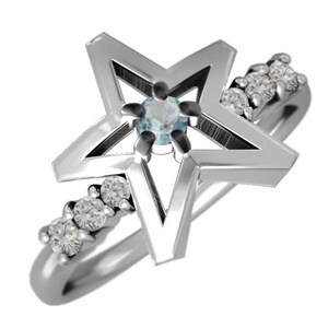  ring 18 gold white gold star. shape aquamarine natural diamond 3 month. birthstone 