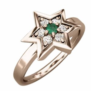 指輪 k10ピンクゴールド ダビデの星 エメラルド 天然ダイヤモンド 5月の誕生石 六芒星中サイズ