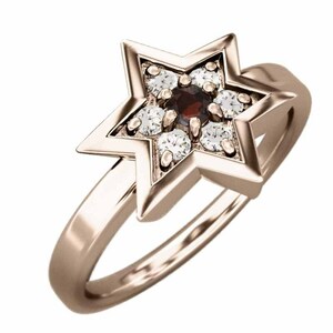 k10ピンクゴールド 指輪 ガーネット 天然ダイヤモンド 1月の誕生石 六芒星 六芒星中サイズ