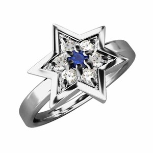 指輪 サファイア(青) 天然ダイヤモンド ヘキサグラム 10金ホワイトゴールド 9月の誕生石 六芒星大サイズ
