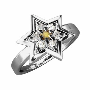 シトリントパーズ 天然ダイヤモンド 指輪 六芒星 18金ホワイトゴールド 11月の誕生石 六芒星大サイズ