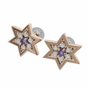 ペアピアス 六芒星 アメジスト(紫水晶) 天然ダイヤモンド 18金ピンクゴールド キャッチ付き 中サイズ